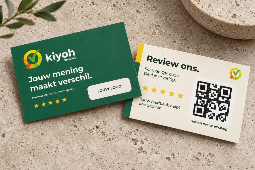 Visitekaartjes met logo, huiskleur en review-QR